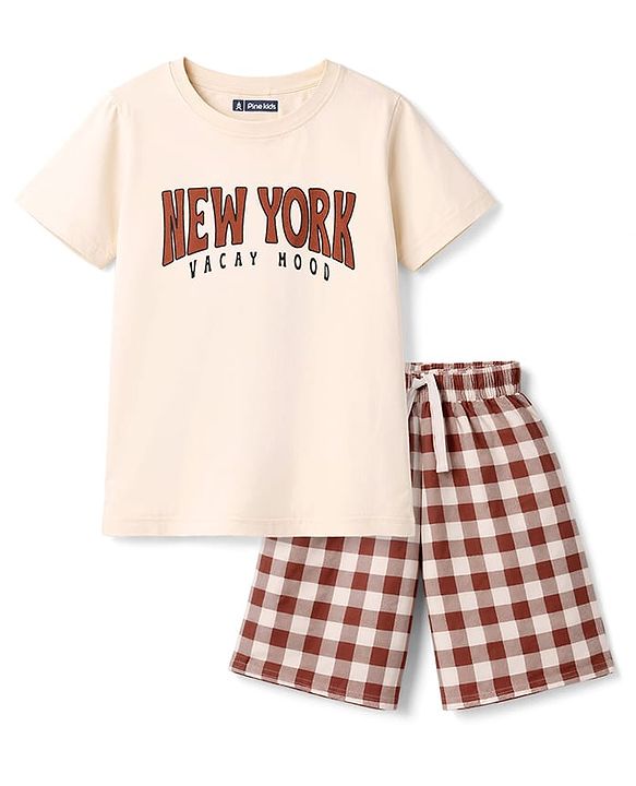 Pine Kids 100% Cotton Knit Half Sleeves Text Printed T-Shirt & Shorts Night Suit With Checks - Cream