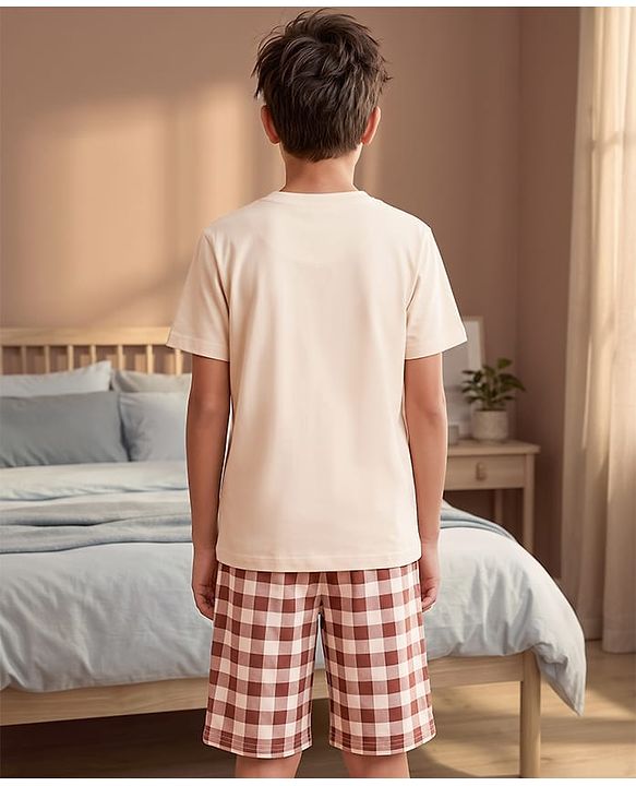 Pine Kids 100% Cotton Knit Half Sleeves Text Printed T-Shirt & Shorts Night Suit With Checks - Cream