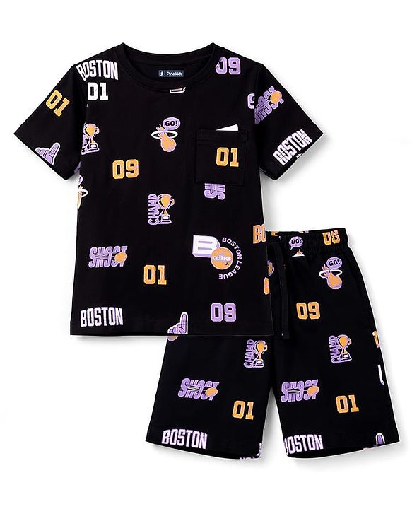 Pine Kids 100% Cotton Knit Half Sleeves Sports Theme printed Co-Ords T-Shirt & Shorts Night Suit - Black