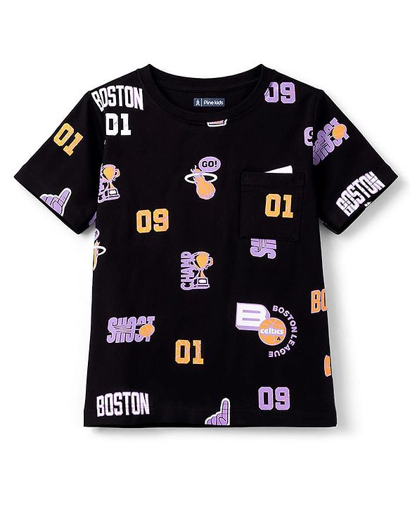 Pine Kids 100% Cotton Knit Half Sleeves Sports Theme printed Co-Ords T-Shirt & Shorts Night Suit - Black