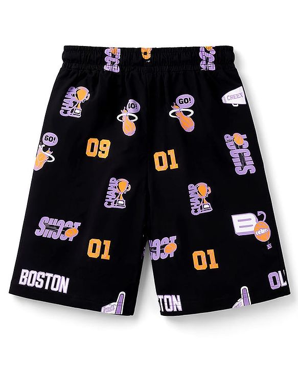 Pine Kids 100% Cotton Knit Half Sleeves Sports Theme printed Co-Ords T-Shirt & Shorts Night Suit - Black