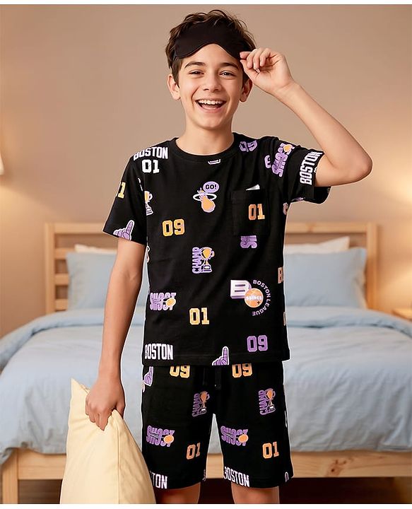 Pine Kids 100% Cotton Knit Half Sleeves Sports Theme printed Co-Ords T-Shirt & Shorts Night Suit - Black