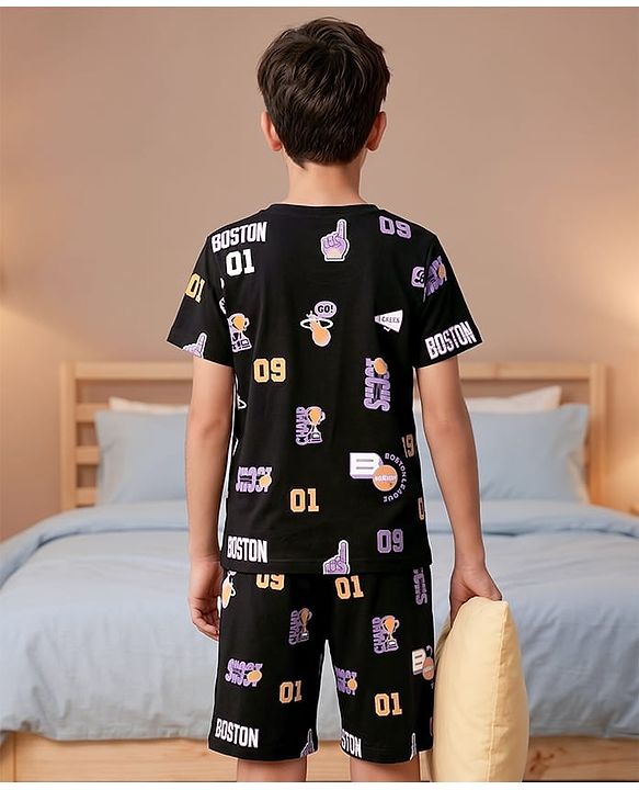 Pine Kids 100% Cotton Knit Half Sleeves Sports Theme printed Co-Ords T-Shirt & Shorts Night Suit - Black