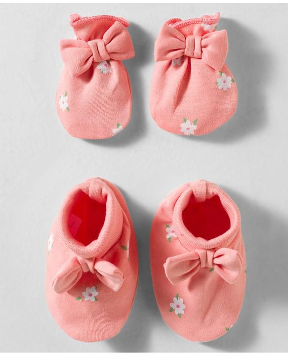 Babyhug 100% Cotton Interlock Knit Floral Printed Mittens & Booties- Multicolor