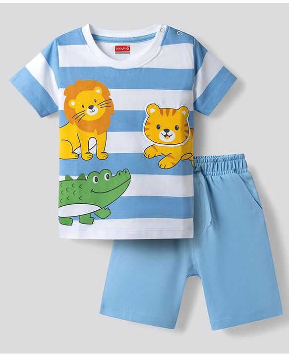 Babyhug Single Jersey Knit Half Sleeves Striped Animal Printed T-Shirt & Shorts Set - Multicolor