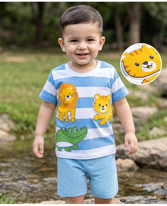 Babyhug Single Jersey Knit Half Sleeves Striped Animal Printed T-Shirt & Shorts Set - Multicolor