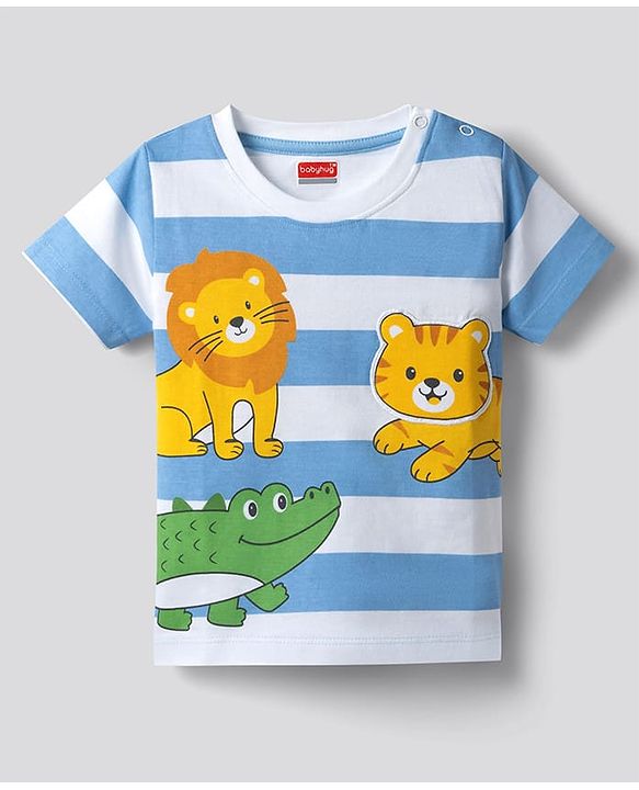 Babyhug Single Jersey Knit Half Sleeves Striped Animal Printed T-Shirt & Shorts Set - Multicolor