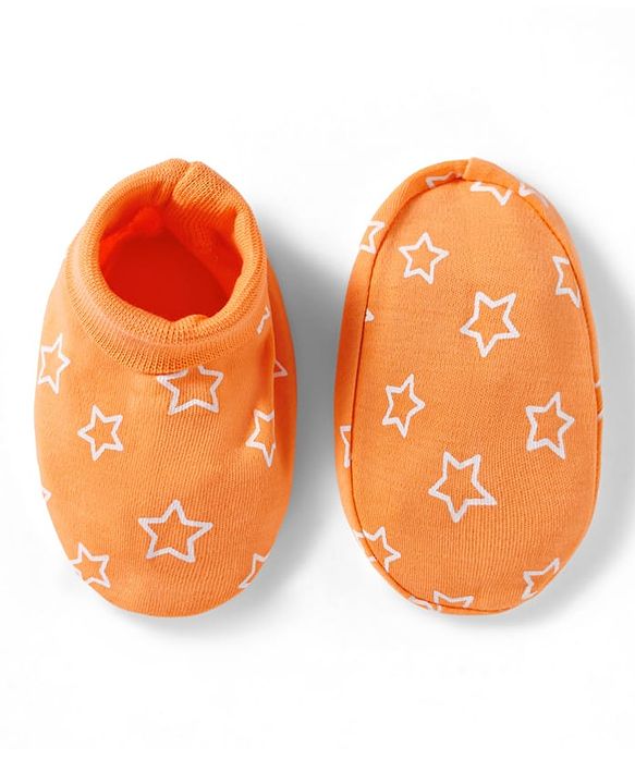 Babyhug 100% Cotton Knit Mittens & Booties Set with Star Print - Orange