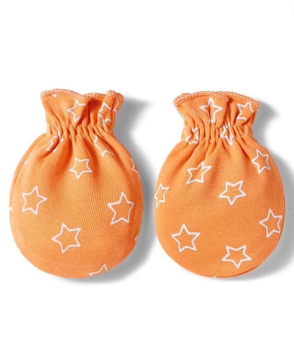 Babyhug 100% Cotton Knit Mittens & Booties Set with Star Print - Orange