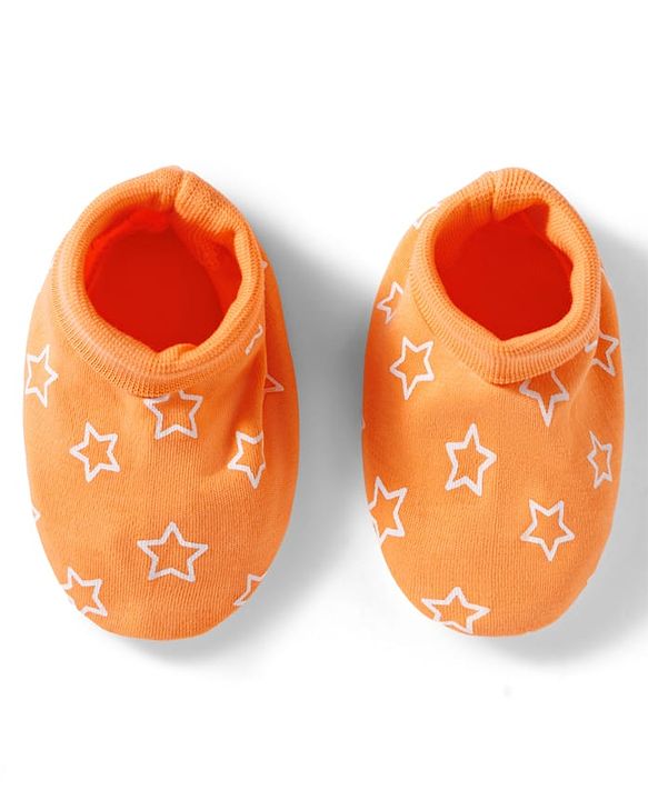 Babyhug 100% Cotton Knit Mittens & Booties Set with Star Print - Orange