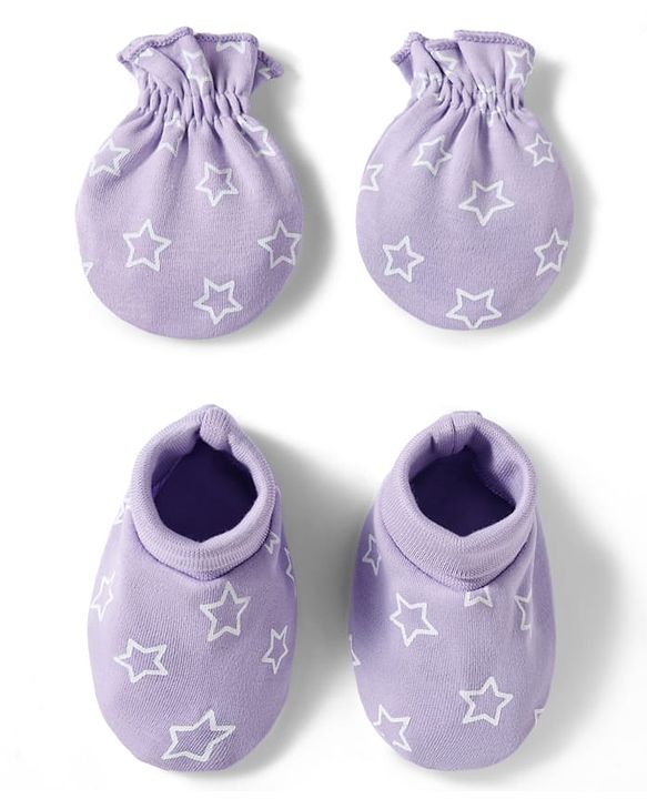 Babyhug 100% Cotton Knit Mittens & Booties Set with Star Print - Lavender
