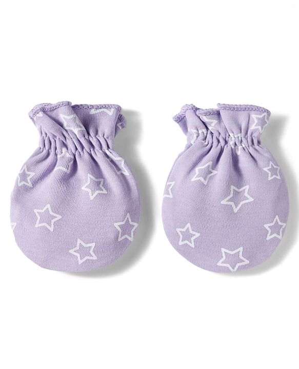 Babyhug 100% Cotton Knit Mittens & Booties Set with Star Print - Lavender