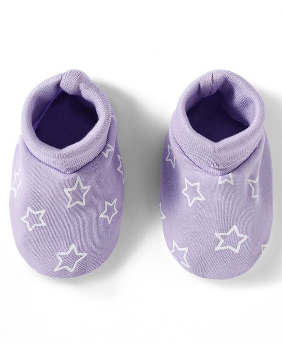 Babyhug 100% Cotton Knit Mittens & Booties Set with Star Print - Lavender