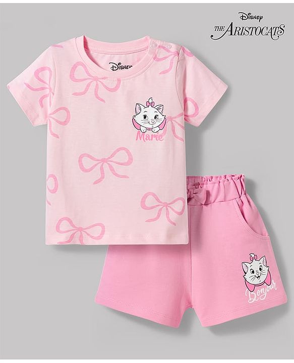 Babyhug Disney Single Jersey Knit Half Sleeves T-Shirt & Shorts Set with Marie Graphics - Pink