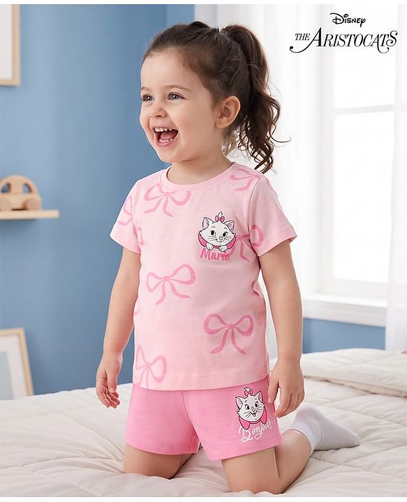 Babyhug Disney Single Jersey Knit Half Sleeves T-Shirt & Shorts Set with Marie Graphics - Pink