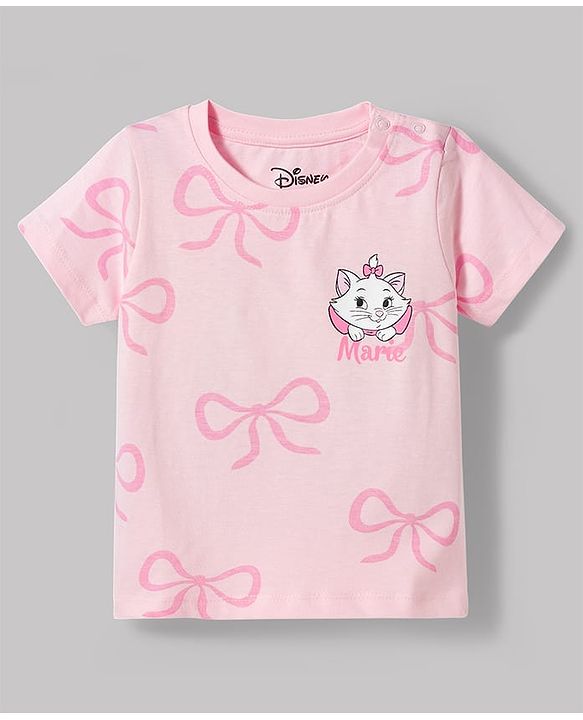 Babyhug Disney Single Jersey Knit Half Sleeves T-Shirt & Shorts Set with Marie Graphics - Pink