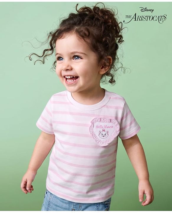Babyhug Disney Cotton Knit T-Shirt Half Sleeve Round Neck Striped with Marie Graphics Multi Color 6-9 Months
