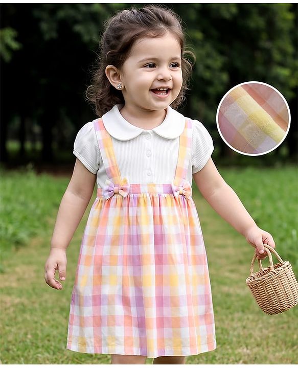 Babyhug Single Jersey Knit Half Sleeves Checked Frock With Bow Applique - White