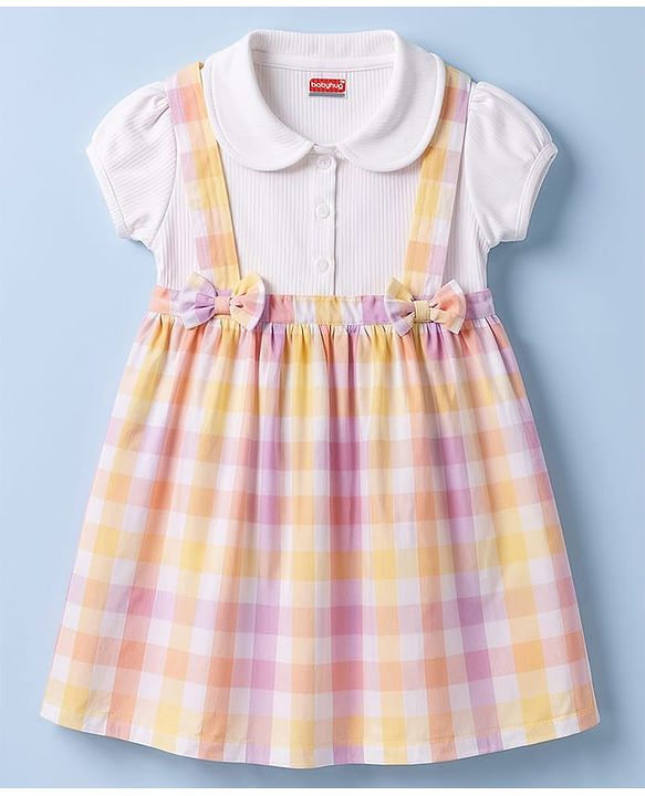 Babyhug Single Jersey Knit Half Sleeves Checked Frock With Bow Applique - White