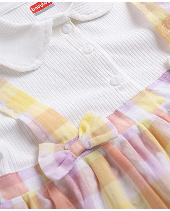 Babyhug Single Jersey Knit Half Sleeves Checked Frock With Bow Applique - White