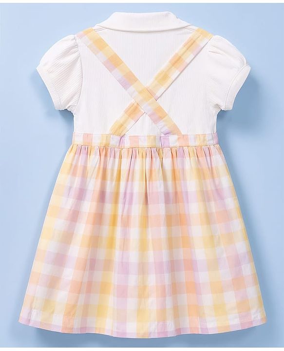 Babyhug Single Jersey Knit Half Sleeves Checked Frock With Bow Applique - White