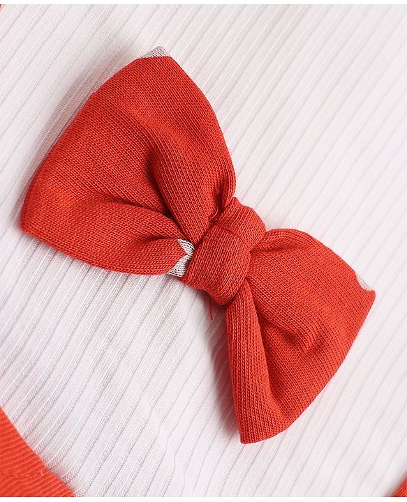 Babyhug Single Jersey Knit Half Sleeves Pinafore Dress with Hearts Print & Bow Applique - Red