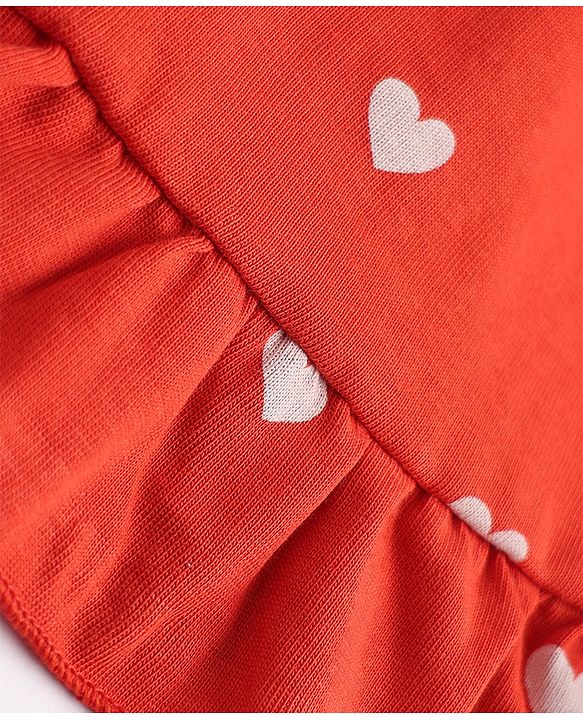 Babyhug Single Jersey Knit Half Sleeves Pinafore Dress with Hearts Print & Bow Applique - Red