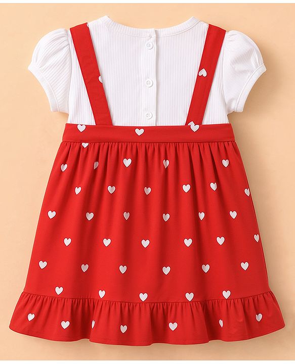 Babyhug Single Jersey Knit Half Sleeves Pinafore Dress with Hearts Print & Bow Applique - Red