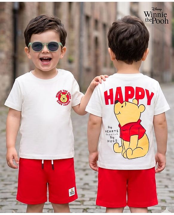 Babyhug Disney Single Jersey Knit Half Sleeves T-Shirt & Shorts Set with Winnie The Pooh Graphics - Multicolor