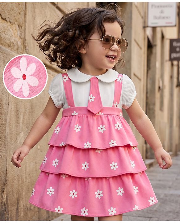 Babyhug Single Jersey Knit Frock with Half Sleeves and Floral Print - Pink