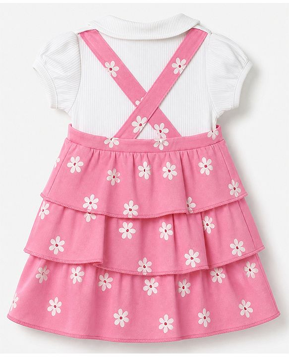 Babyhug Single Jersey Knit Frock with Half Sleeves and Floral Print - Pink