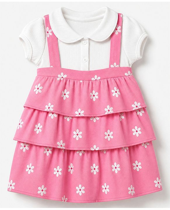 Babyhug Single Jersey Knit Frock with Half Sleeves and Floral Print - Pink