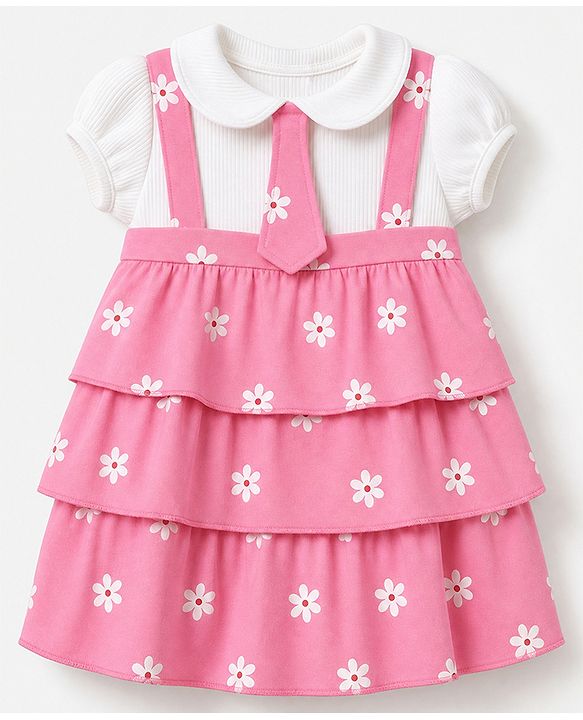 Babyhug Single Jersey Knit Frock with Half Sleeves and Floral Print - Pink