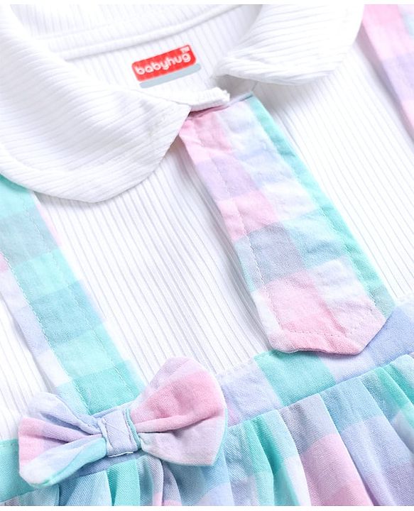 Babyhug Single Jersey Knit Half Sleeves Checked Frock With Bow Applique & Tie - White