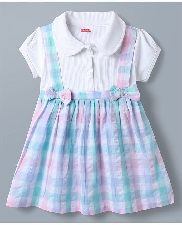 Babyhug Single Jersey Knit Half Sleeves Checked Frock With Bow Applique & Tie - White