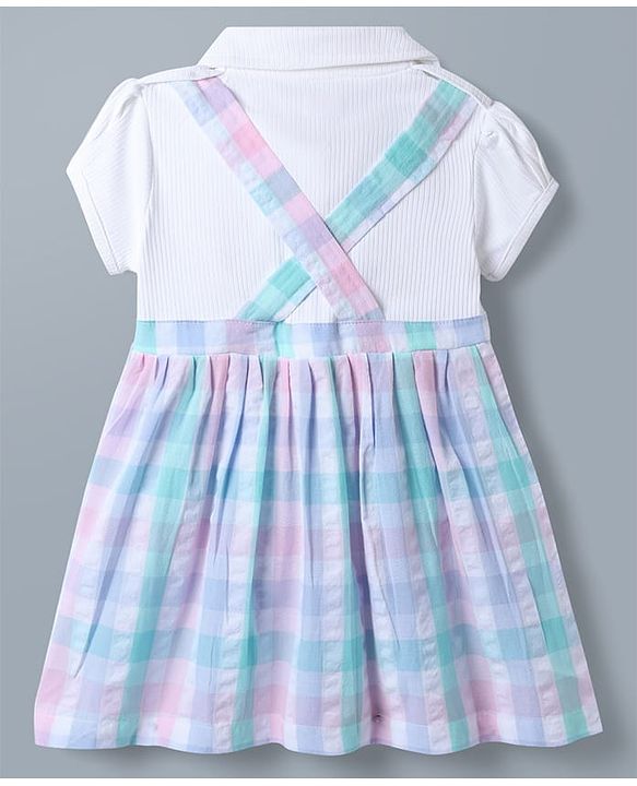 Babyhug Single Jersey Knit Half Sleeves Checked Frock With Bow Applique & Tie - White