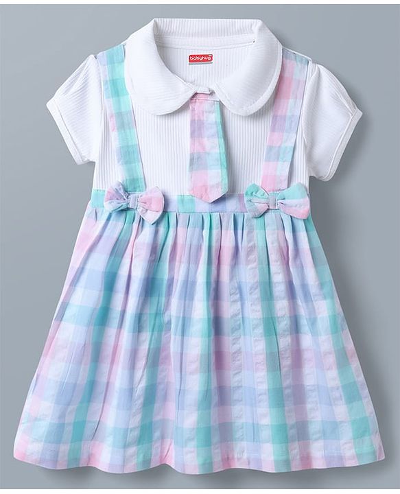 Babyhug Single Jersey Knit Half Sleeves Checked Frock With Bow Applique & Tie - White