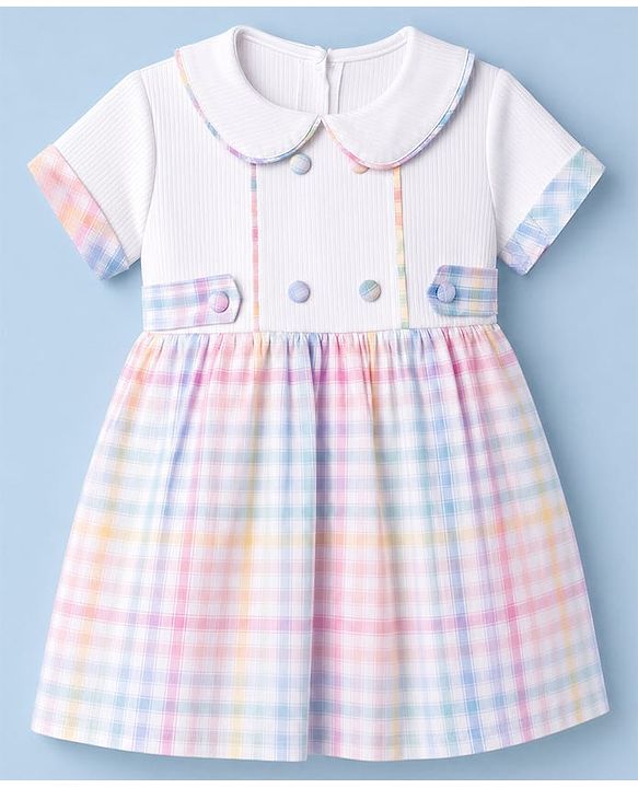 Babyhug Cotton Woven Rib Knit Half Sleeves Dress With Peter Pan Collar & Checks - Pink