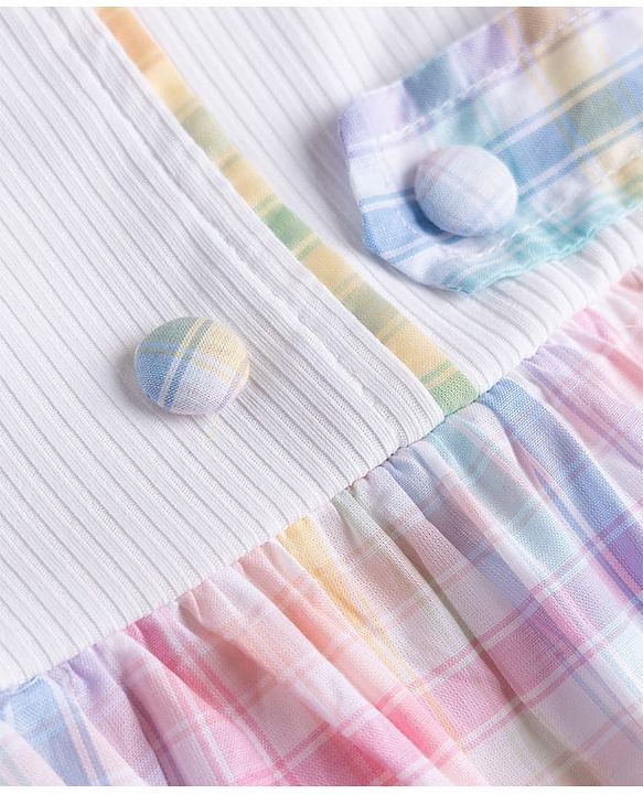 Babyhug Cotton Woven Rib Knit Half Sleeves Dress With Peter Pan Collar & Checks - Pink