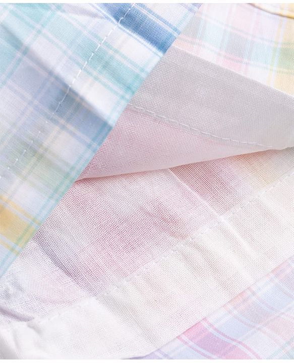 Babyhug Cotton Woven Rib Knit Half Sleeves Dress With Peter Pan Collar & Checks - Pink