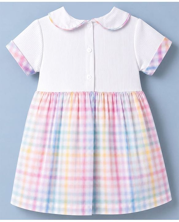 Babyhug Cotton Woven Rib Knit Half Sleeves Dress With Peter Pan Collar & Checks - Pink