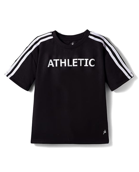 Pine Active Knit Half Drop Shoulder Sleeves T-Shirt with Text Print - Black