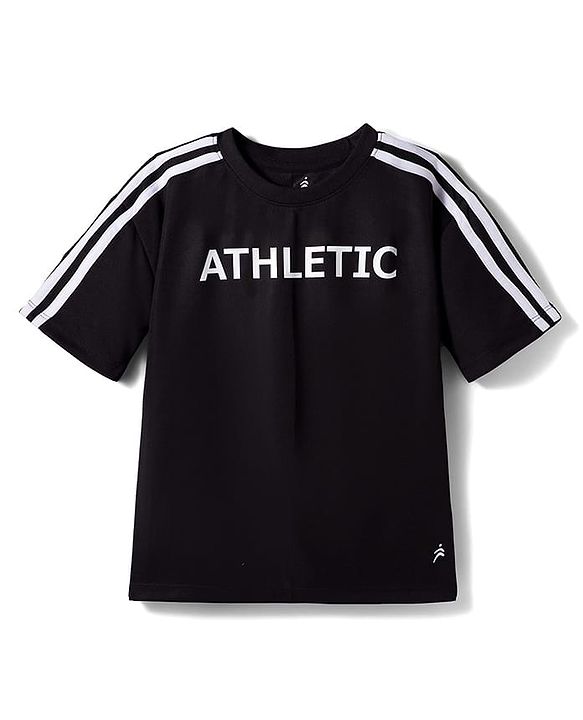 Pine Active Knit Half Drop Shoulder Sleeves T-Shirt with Text Print - Black