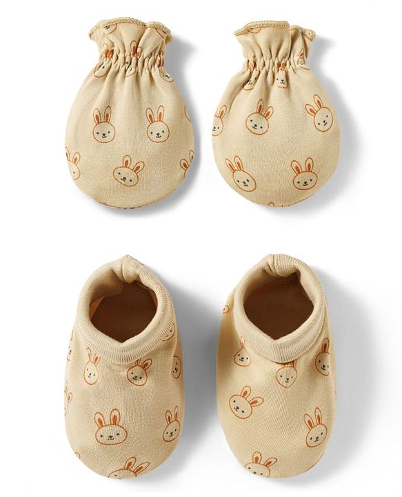Babyhug 100% Cotton Knit Mittens & Booties Set with Bunny Print - Beige