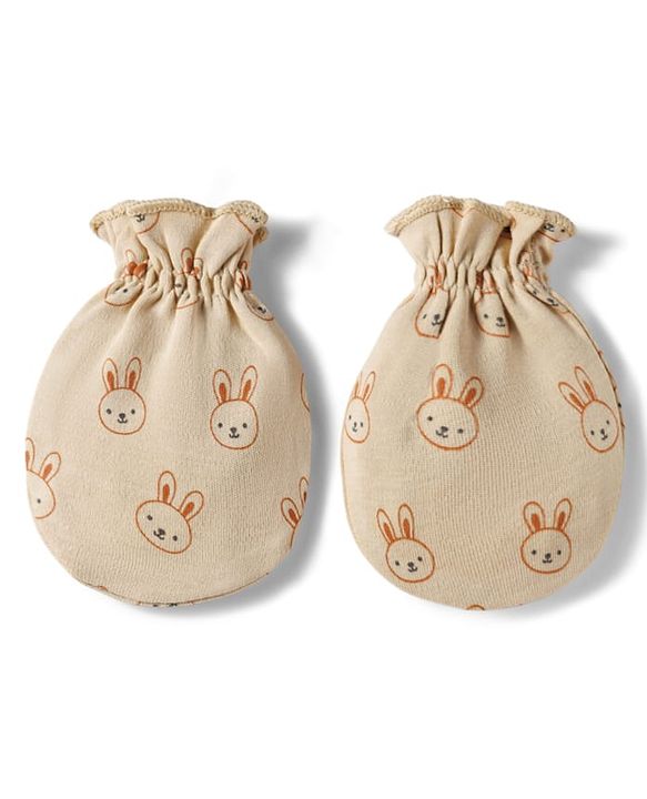 Babyhug 100% Cotton Knit Mittens & Booties Set with Bunny Print - Beige