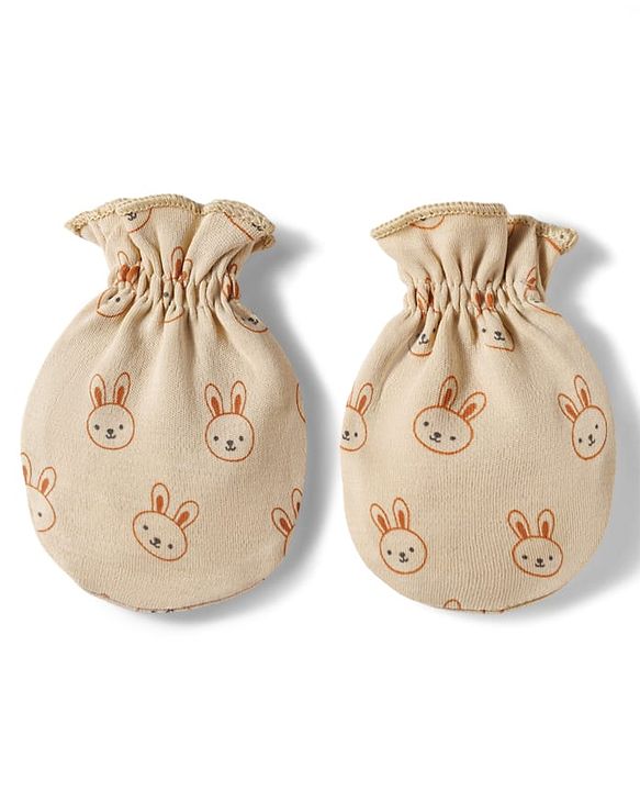 Babyhug 100% Cotton Knit Mittens & Booties Set with Bunny Print - Beige