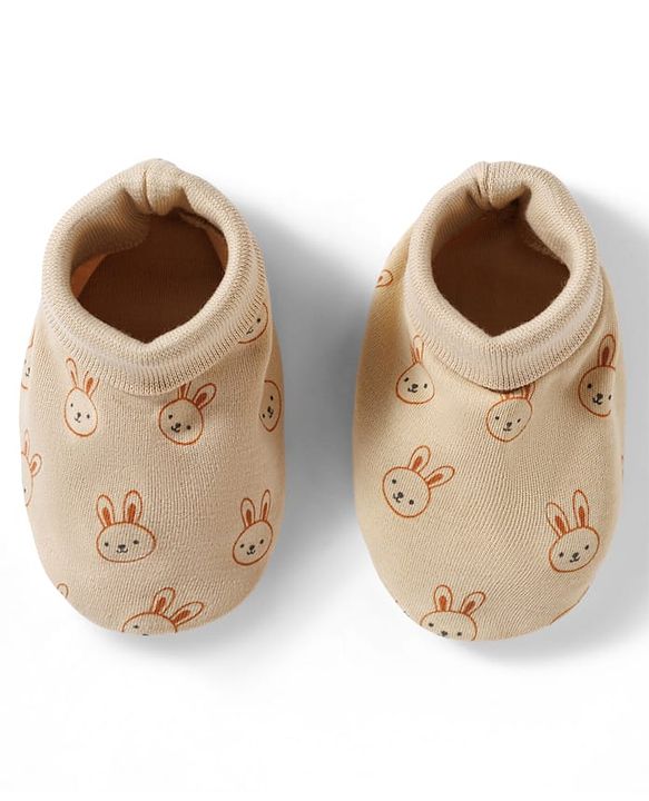 Babyhug 100% Cotton Knit Mittens & Booties Set with Bunny Print - Beige