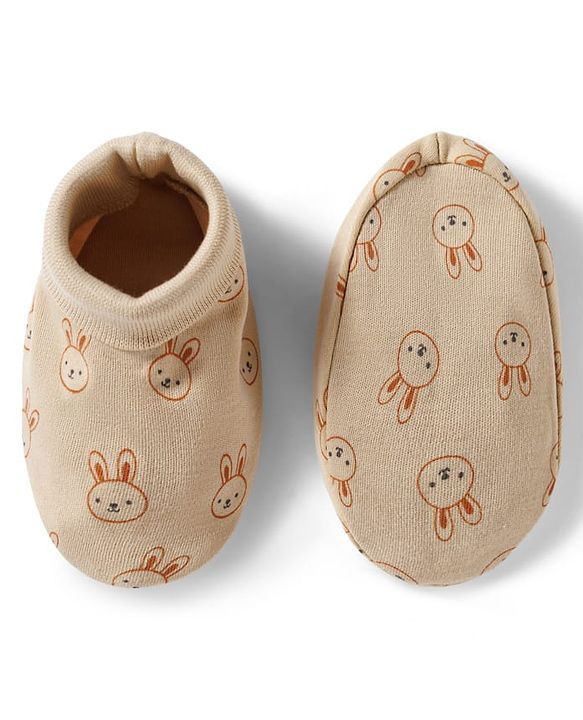 Babyhug 100% Cotton Knit Mittens & Booties Set with Bunny Print - Beige