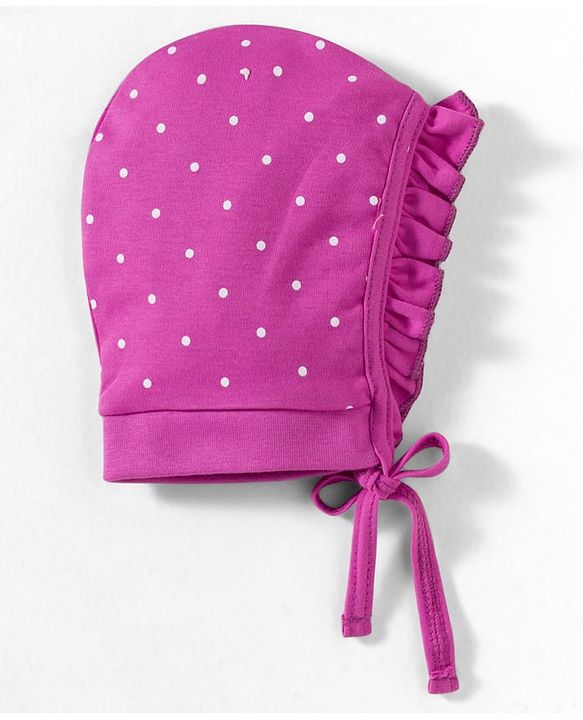 Babyhug 100% Cotton Interlock Knit Caps With Polka dot & Bow Prints Pack of 2 Multicolor- Diameter 7 cm