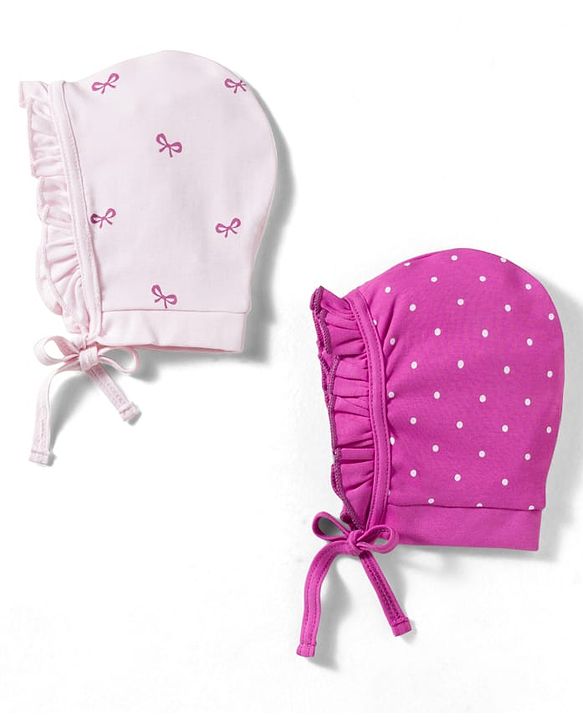 Babyhug 100% Cotton Interlock Knit Caps With Polka dot & Bow Prints Pack of 2 Multicolor- Diameter 7 cm